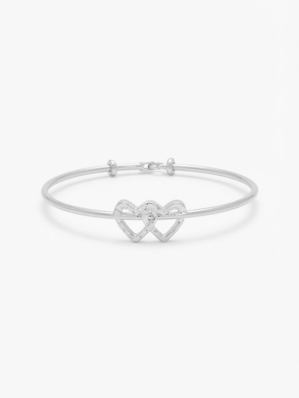 Silver Tone Double Interlocking Heart Bangle Bracelet – Dainty Charm Stacking Cu